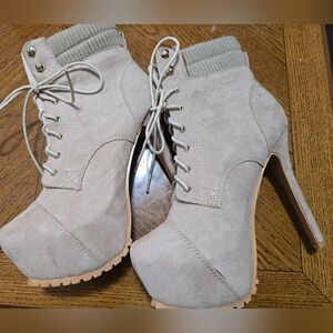 Bella Marie Beige Lace-Up Heeled Boots